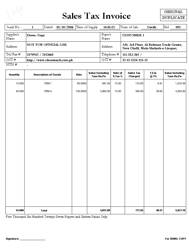 Official Sales Tax Invoice Printout (A4)