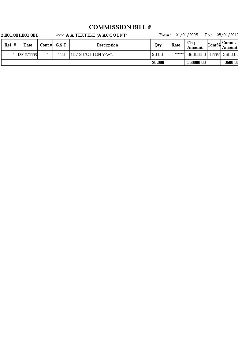Yarn Broker Commission Bill Printout