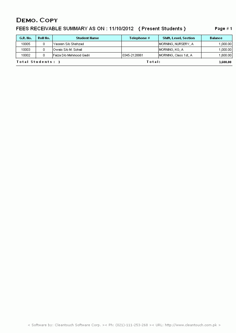 Tuition Fee Defaulters Aging Report