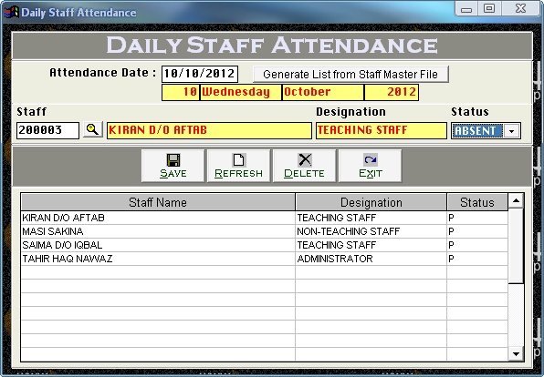 Faculty & Staff Daily Attendance Entry