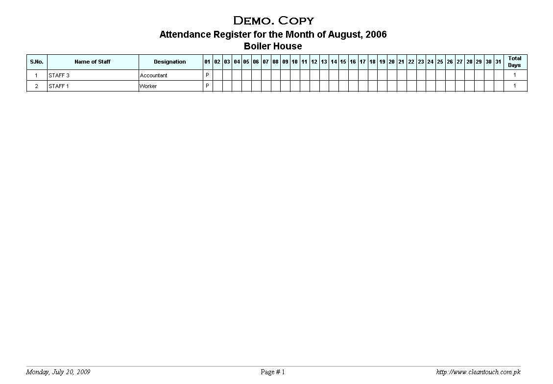 Audited Monthly Staff Attendance Register